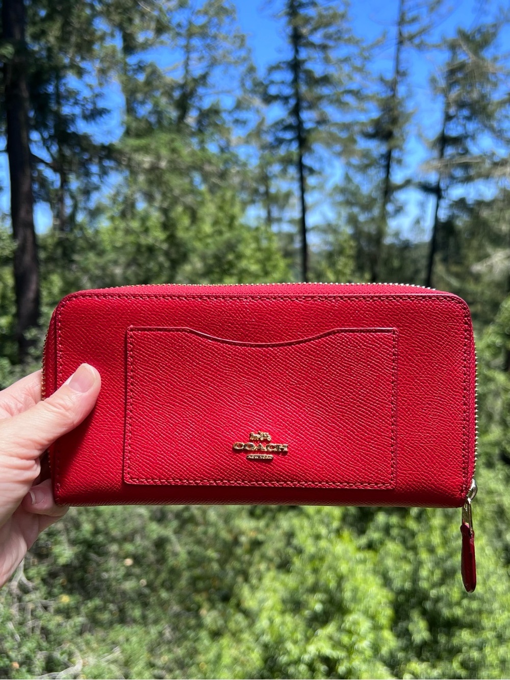 COACH Long Zip-Around Red Crossgrain Leather Wallet w Gold Hardware AUTHENTIC